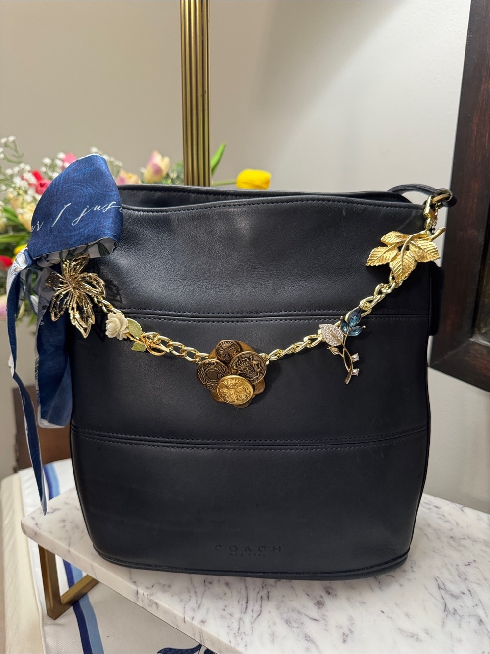 Bag Brooch Chain and Navy Scarf